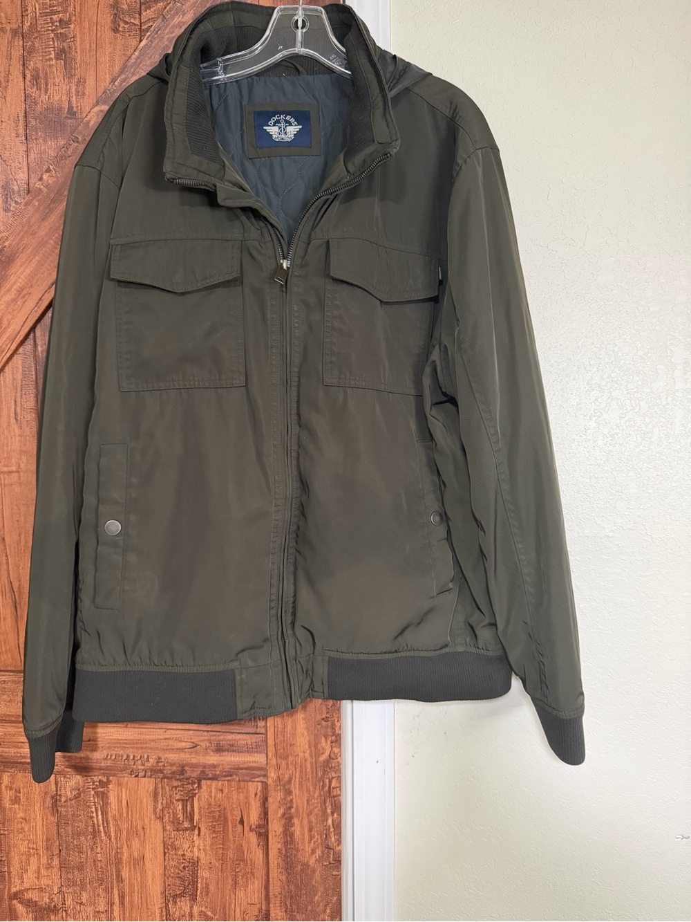Dockers Men Green Military Bomber Jacket Hideaway Hoodie Water Resistant XXL